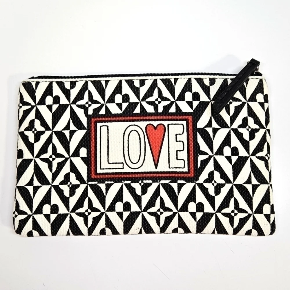 NEW Brighton LOVE Black & White Heart Canvas Makeup Pouch Clutch Bag